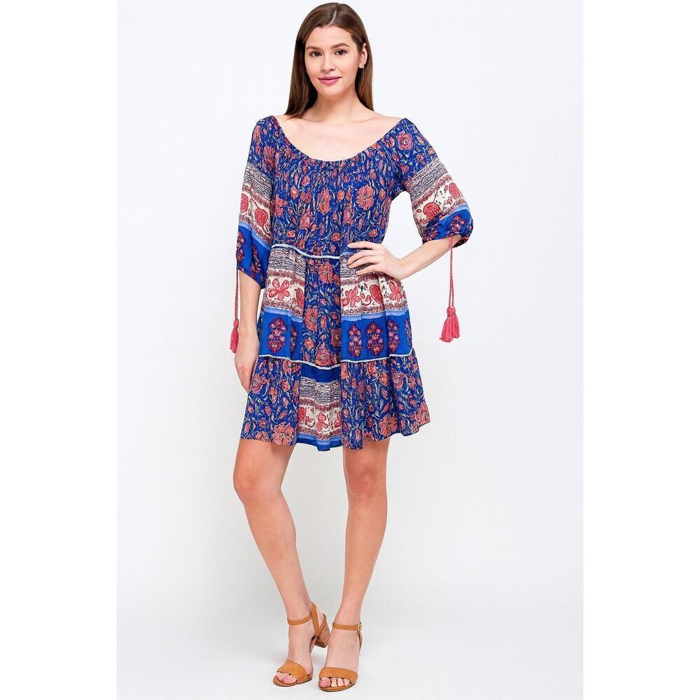 World Market size M floral boho tiered dress with tassel drawstrings at cuffs.